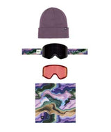 SmartyMagneticGogglePack-A multi-piece winter sports bundle featuring a dusty purple beanie, black snow goggles with a purple and green marbled strap, a red-tinted lens, and a matching purple, green, and gold marbled neck gaiter, all arranged vertically on a white background.
