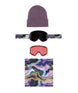 SmartyMagneticGogglePack-A multi-piece winter sports bundle featuring a dusty purple beanie, black snow goggles with a purple and green marbled strap, a red-tinted lens, and a matching purple, green, and gold marbled neck gaiter, all arranged vertically on a white background.