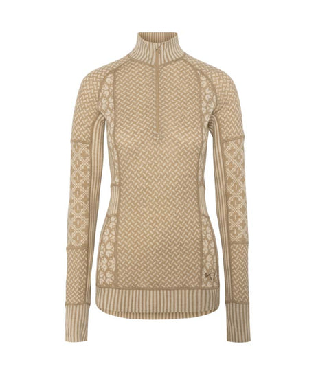 Smekker1_2ZipBaseLayer-Beige knitted sweater with a pattern on a white background