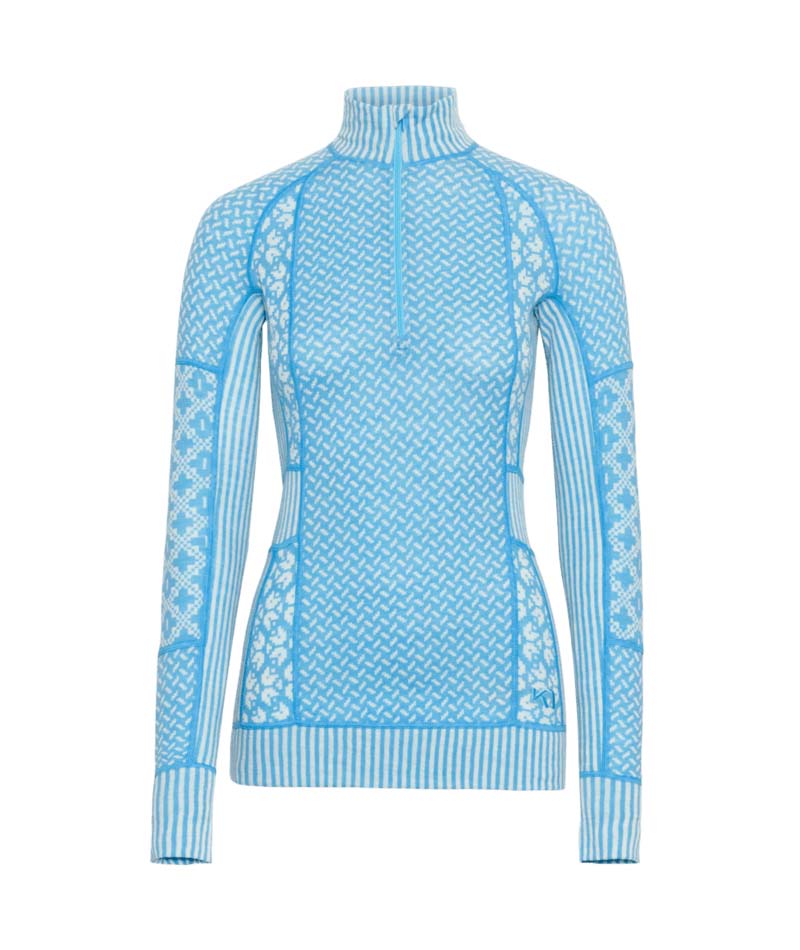 Smekker1_2ZipBaseLayer-Light blue sweater with intricate patterns on a white background