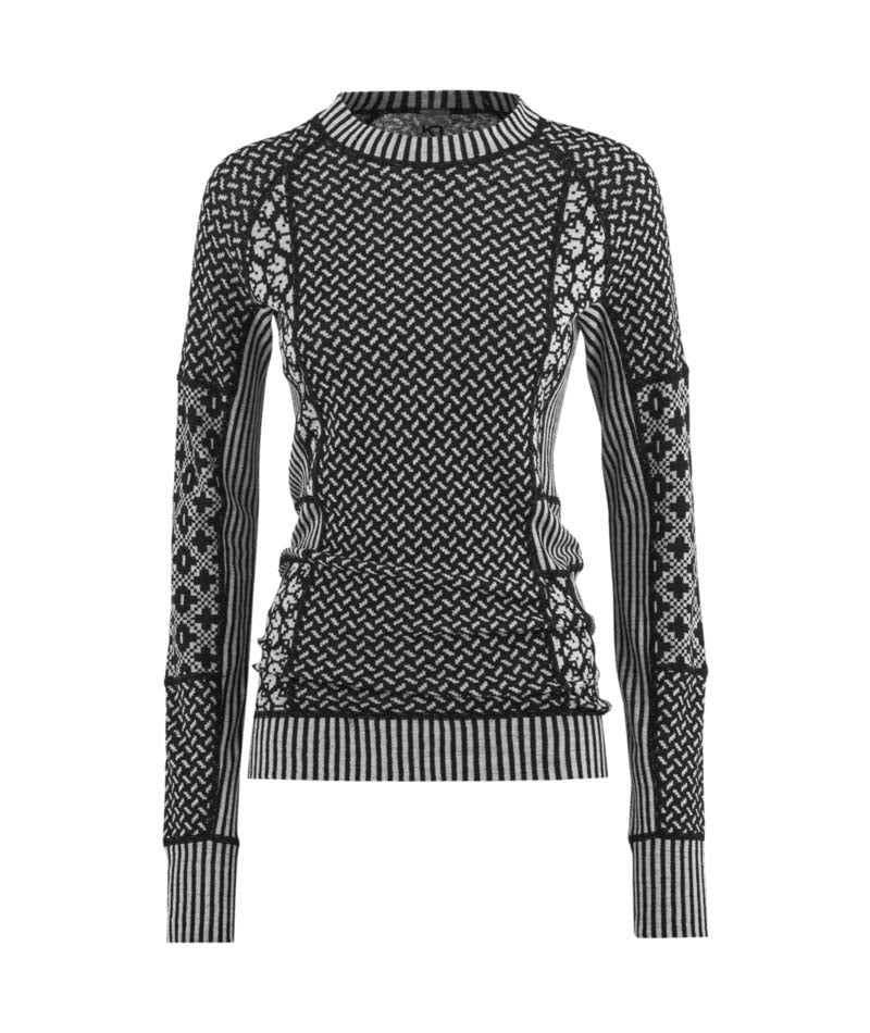 SmekkerLongSleeveBaseLayer-Black and white patterned sweater on a white background