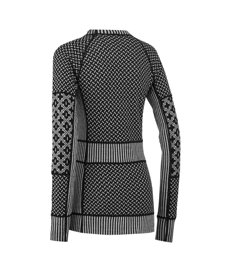 SmekkerLongSleeveBaseLayer-Black and white patterned sweater on a white background