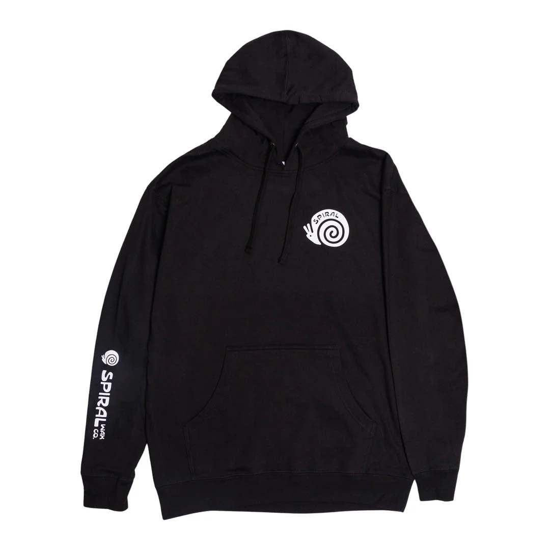 SnailHoodie- A black pullover hoodie with a white spiral snail logo on the left chest and vertical white 'SPIRAL' branding on the right sleeve, displayed against a solid white background.