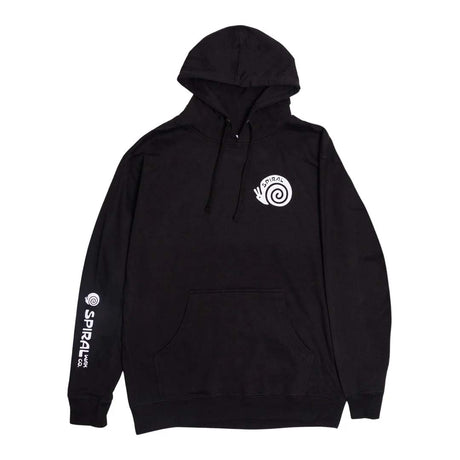 SnailHoodie- A black pullover hoodie with a white spiral snail logo on the left chest and vertical white 'SPIRAL' branding on the right sleeve, displayed against a solid white background.