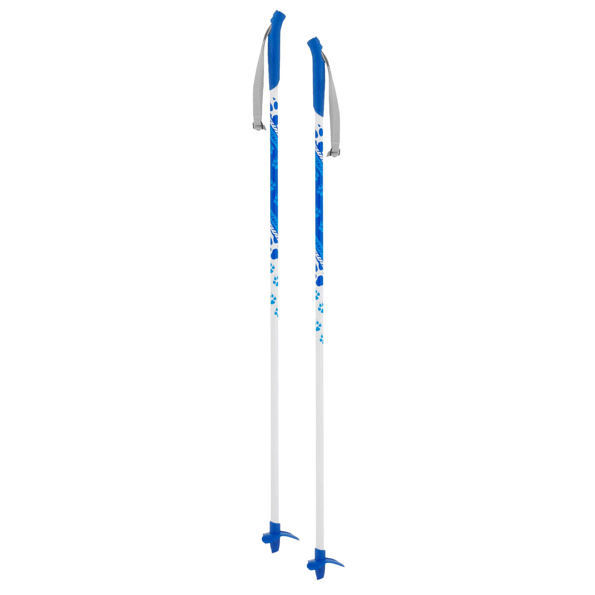 SnowKidsSkiPole-A pair of ski poles with white shafts, blue handles and toe grips, and blue abstract patterns on the shafts, shown against a plain white background.