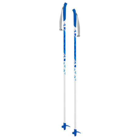 SnowKidsSkiPole-A pair of ski poles with white shafts, blue handles and toe grips, and blue abstract patterns on the shafts, shown against a plain white background.