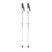 SnowKidsSkiPole-A pair of ski poles with white shafts, black handles and toe grips, and pink abstract patterns on the shafts, shown against a plain white background.