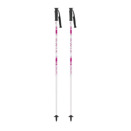 SnowKidsSkiPole-A pair of ski poles with white shafts, black handles and toe grips, and pink abstract patterns on the shafts, shown against a plain white background.