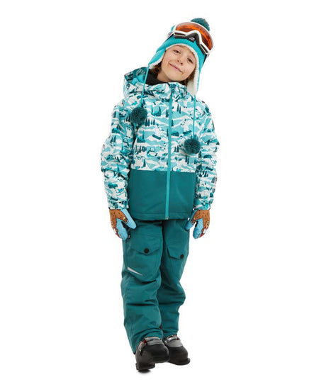 SnowballJacket-A child wearing a winter ski outfit consisting of a light blue and white camouflage-patterned jacket, teal snow pants, a matching teal beanie with orange goggles, and blue gloves, standing against a plain white background.