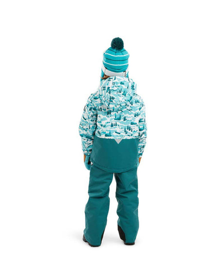 SnowballJacket-A child wearing a winter ski outfit consisting of a light blue and white camouflage-patterned jacket, teal snow pants, a matching teal beanie with orange goggles, and blue gloves, standing against a plain white background.