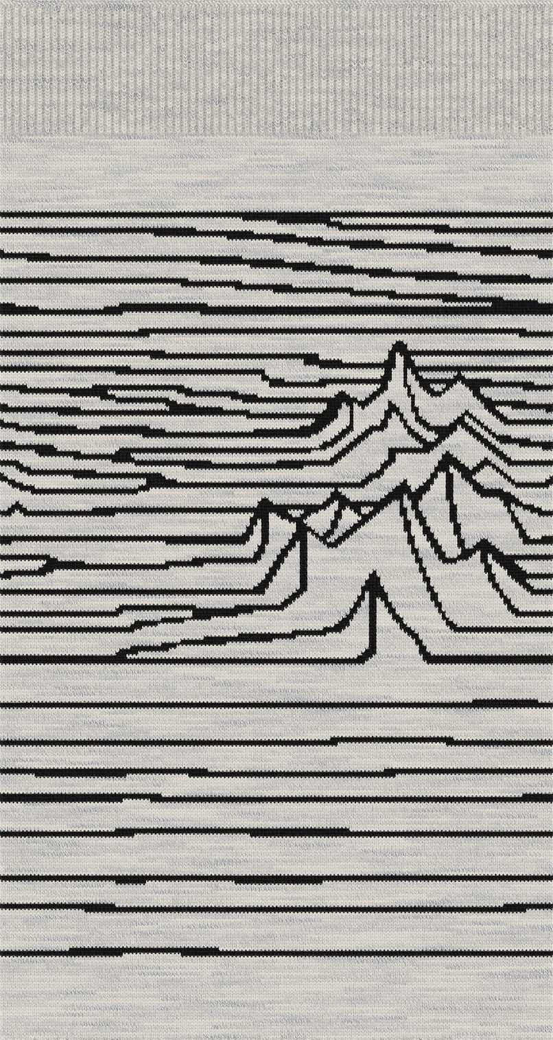 SnowboardFullCushionIguchiOTCSocks- Black and white striped pattern with mountain-like shapes on a textured background