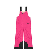 SnowyToddlerBibPant-Bright pink snow bib with black trim and adjustable shoulder straps, shown flat against a white background.