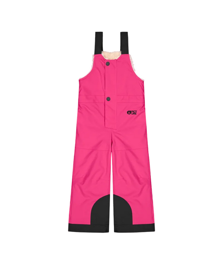 SnowyToddlerBibPant-Bright pink snow bib with black trim and adjustable shoulder straps, shown flat against a white background.