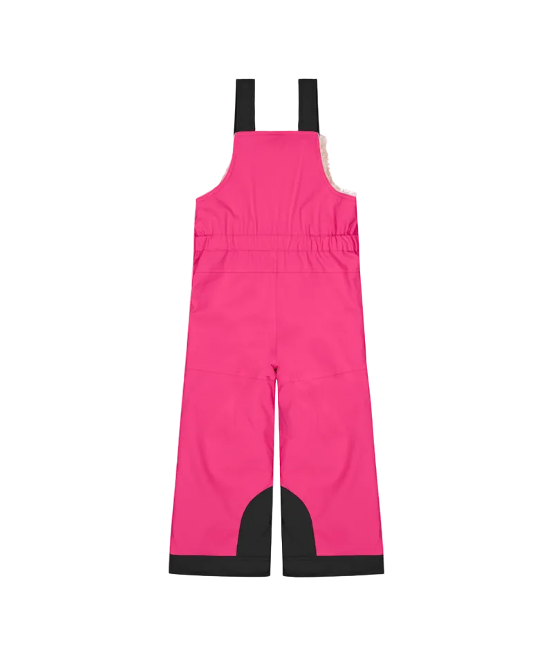 SnowyToddlerBibPant-Bright pink snow bib with black trim and adjustable shoulder straps, shown flat against a white background.