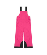 SnowyToddlerBibPant-Bright pink snow bib with black trim and adjustable shoulder straps, shown flat against a white background.