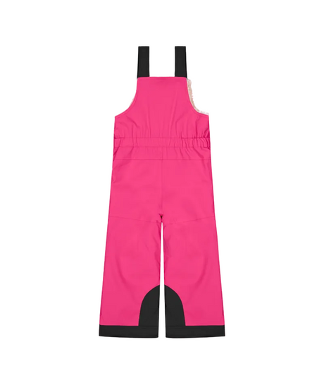 SnowyToddlerBibPant-Bright pink snow bib with black trim and adjustable shoulder straps, shown flat against a white background.