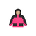 SnowyToddlerJacket-A hooded children's jacket in bright pink and black, featuring a beige fleece-lined hood and two black front patch pockets, shown against a plain white background.