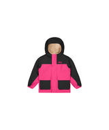 SnowyToddlerJacket-A hooded children's jacket in bright pink and black, featuring a beige fleece-lined hood and two black front patch pockets, shown against a plain white background.