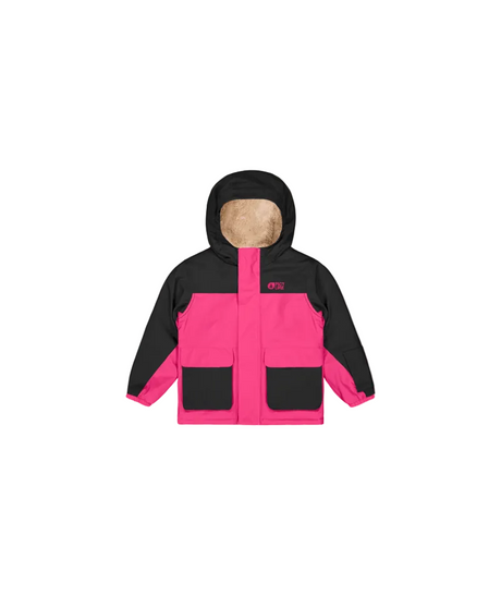 SnowyToddlerJacket-A hooded children's jacket in bright pink and black, featuring a beige fleece-lined hood and two black front patch pockets, shown against a plain white background.