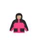 SnowyToddlerJacket-A hooded children's jacket in bright pink and black, featuring a beige fleece-lined hood and two black front patch pockets, shown against a plain white background.