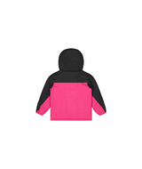 SnowyToddlerJacket-A hooded children's jacket in bright pink and black, featuring a beige fleece-lined hood and two black front patch pockets, shown against a plain white background.