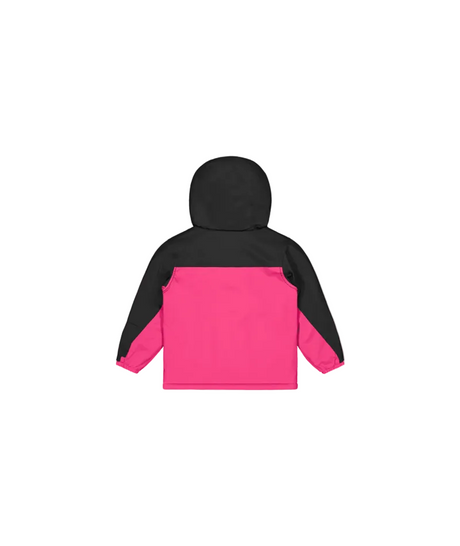 SnowyToddlerJacket-A hooded children's jacket in bright pink and black, featuring a beige fleece-lined hood and two black front patch pockets, shown against a plain white background.