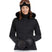 SolaceJacket-A woman wearing a black ski jacket with a faux-fur trimmed hood, black gloves, a black beanie, and ski goggles, posed against a solid white background.