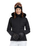 SolaceJacket-A woman wearing a black ski jacket with a faux-fur trimmed hood, black gloves, a black beanie, and ski goggles, posed against a solid white background.