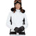 SolaceJacket-A woman wearing a white and black ski jacket with a black fur-trimmed hood, black gloves, a black beanie, and ski goggles, posed against a solid white background.