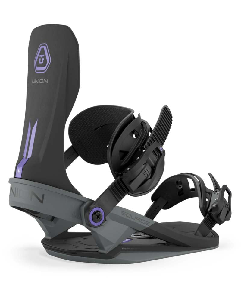 Source-Black snowboard binding with 'Union' branding on a white background