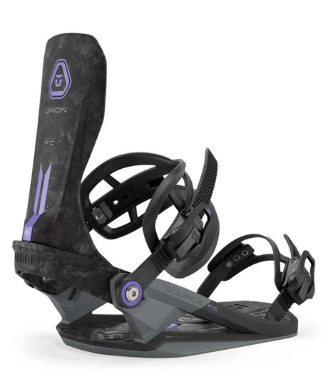 SourceFC-Black snowboard binding with 'Union' branding on a white background