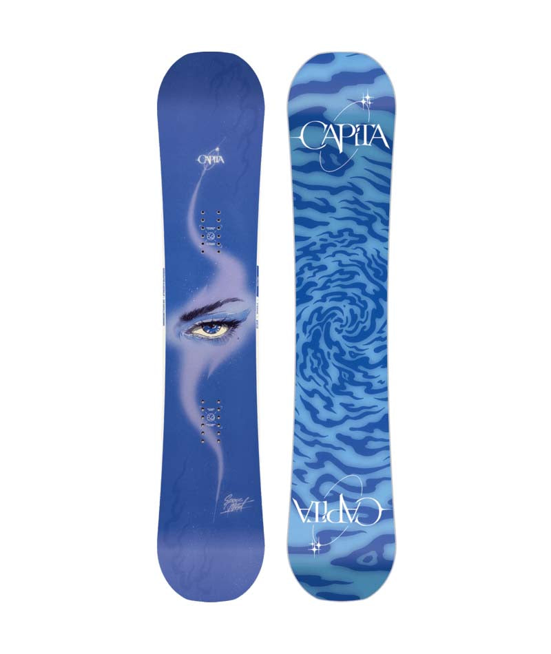 SpaceMetalFantasy- Blue snowboard with artistic design and 'Capita' branding on a white background