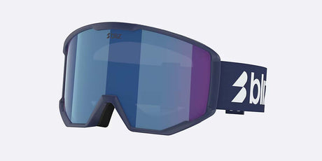 Spark-Bliz ski goggles in dark blue with a mirrored blue lens and a matching dark blue strap, shown on a light gray background.