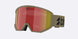 Spark-Bliz ski goggles in matte camo green with a mirrored red lens and a matching camo green strap, shown on a light gray background.