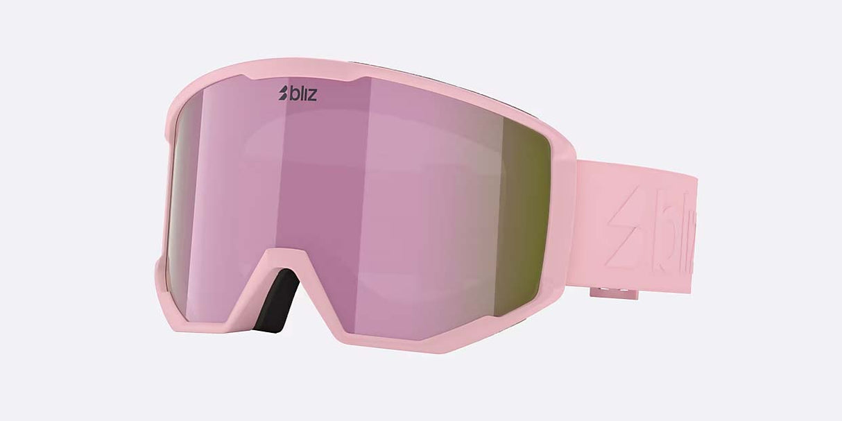 Spark-Bliz ski goggles in matte light pink with a mirrored pink lens and a matching pink strap, shown on a light gray background.