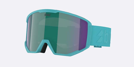 Spark-Bliz ski goggles in matte turquoise with a mirrored green lens and a matching turquoise strap, shown on a light gray background.