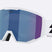 Spark-Bliz ski goggles in matte white with a mirrored blue lens and a matching white strap, shown on a light gray background.