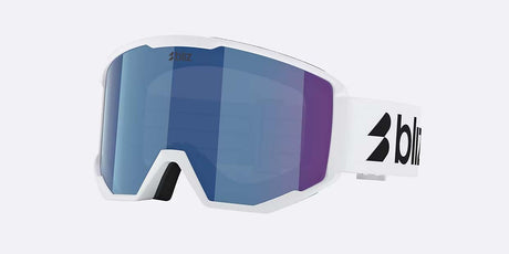 Spark-Bliz ski goggles in matte white with a mirrored blue lens and a matching white strap, shown on a light gray background.