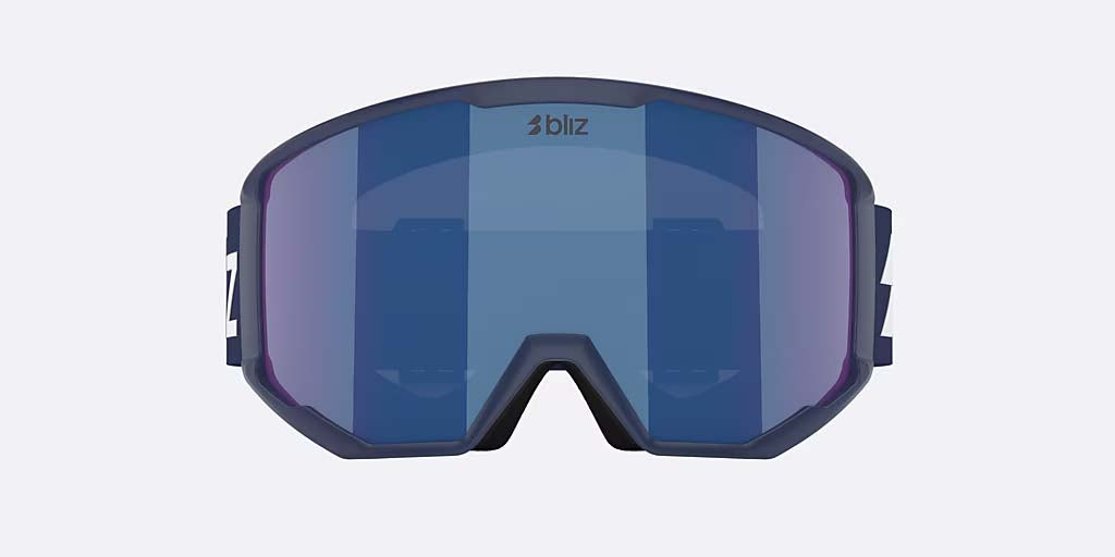 Spark-Bliz ski goggles in dark blue with a mirrored blue lens and a matching dark blue strap, shown on a light gray background.