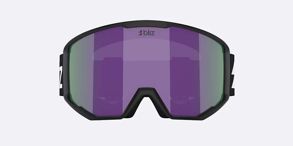 Spark-Bliz ski goggles in matte black with a mirrored purple lens and a matching black strap, shown on a light gray background.