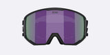 Spark-Bliz ski goggles in matte black with a mirrored purple lens and a matching black strap, shown on a light gray background.