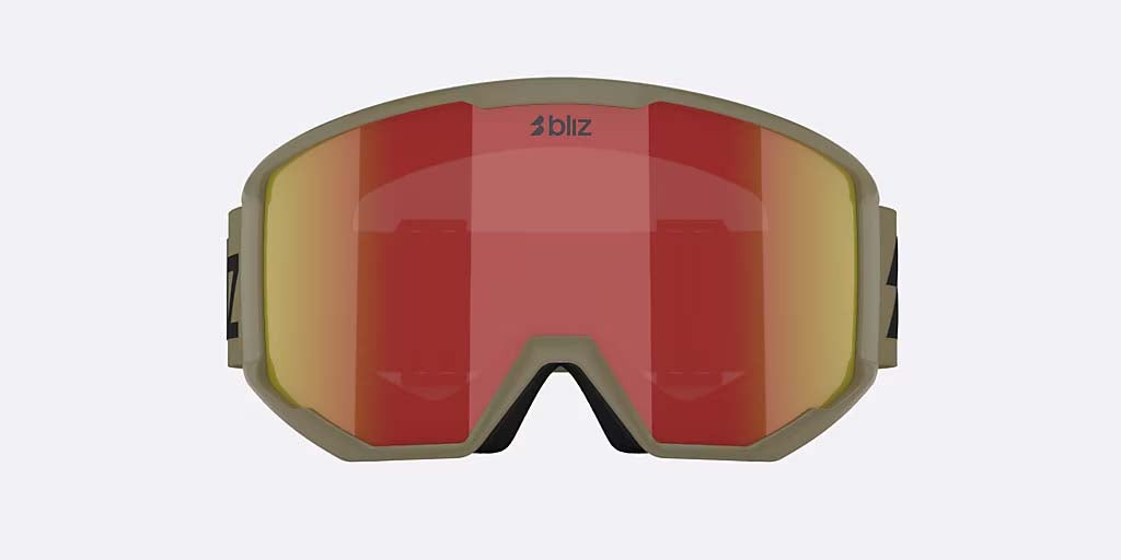 Spark-Bliz ski goggles in matte camo green with a mirrored red lens and a matching camo green strap, shown on a light gray background.