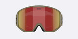 Spark-Bliz ski goggles in matte camo green with a mirrored red lens and a matching camo green strap, shown on a light gray background.