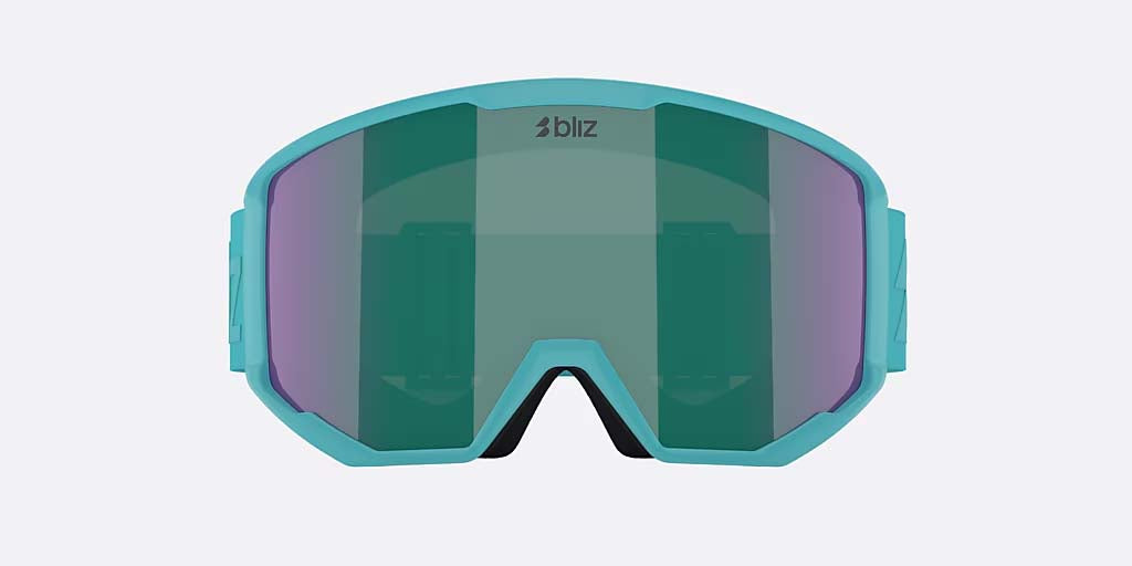 Spark-Bliz ski goggles in matte turquoise with a mirrored green lens and a matching turquoise strap, shown on a light gray background.