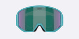 Spark-Bliz ski goggles in matte turquoise with a mirrored green lens and a matching turquoise strap, shown on a light gray background.