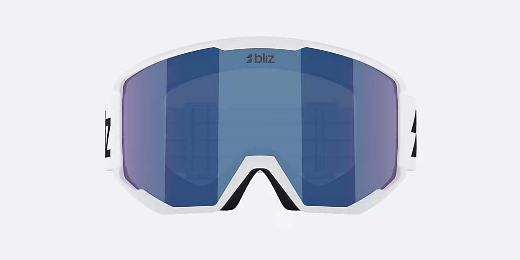 Spark-Bliz ski goggles in matte white with a mirrored blue lens and a matching white strap, shown on a light gray background.