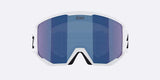 Spark-Bliz ski goggles in matte white with a mirrored blue lens and a matching white strap, shown on a light gray background.