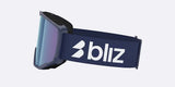 Spark-Bliz ski goggles in dark blue with a mirrored blue lens and a matching dark blue strap, shown on a light gray background.