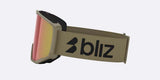 Spark-Bliz ski goggles in matte camo green with a mirrored red lens and a matching camo green strap, shown on a light gray background.