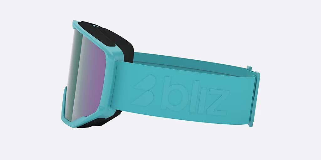 Spark-Bliz ski goggles in matte turquoise with a mirrored green lens and a matching turquoise strap, shown on a light gray background.